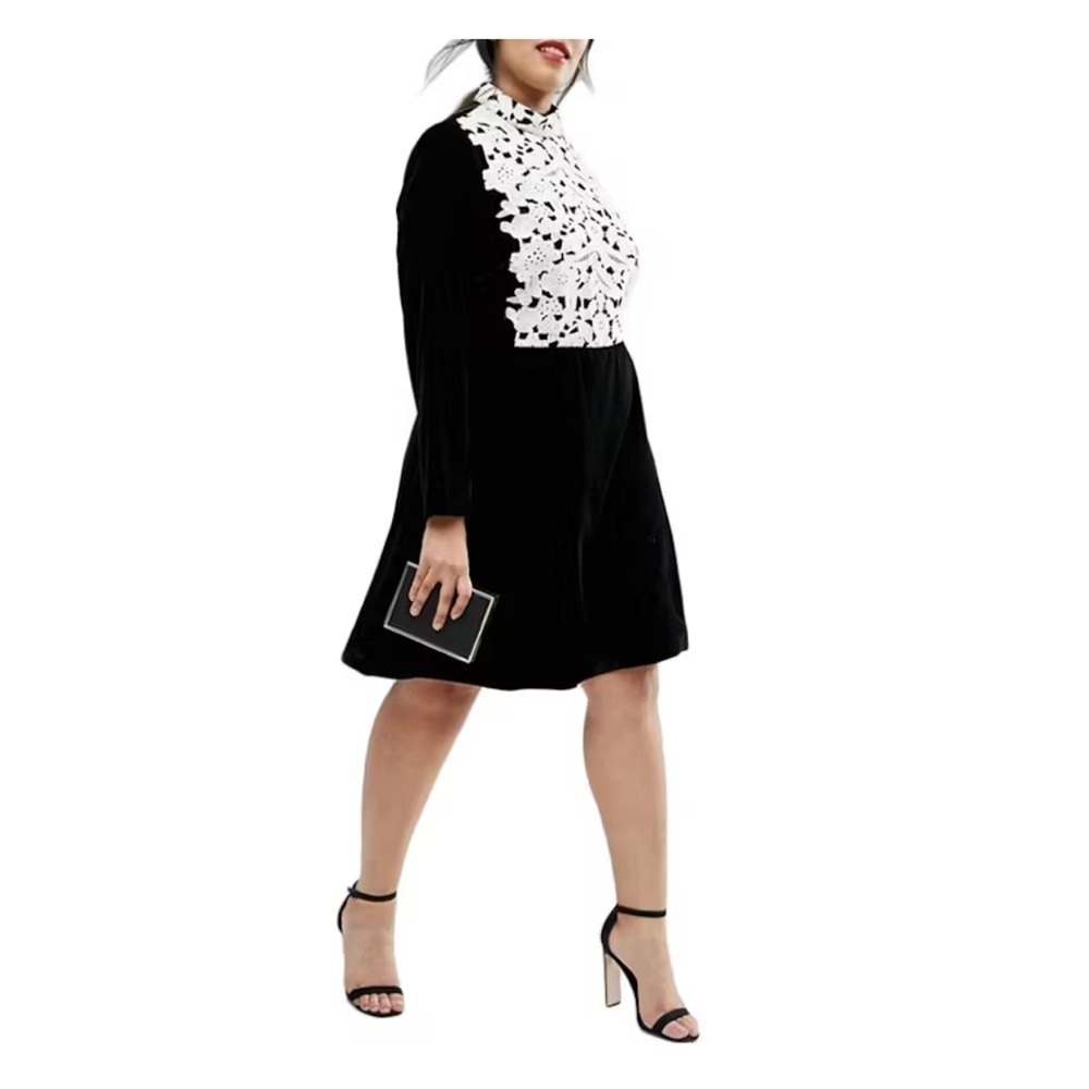 ASOS Curve Women’s Black Velvet Dress with White Lace Detail Size US 20